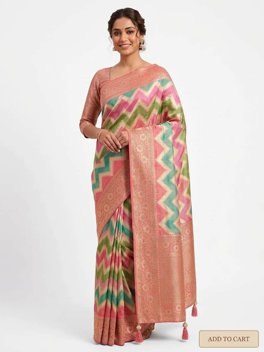 Pink and Green Zig-Zag Zari Woven Banarasi Silk Saree with Tassels