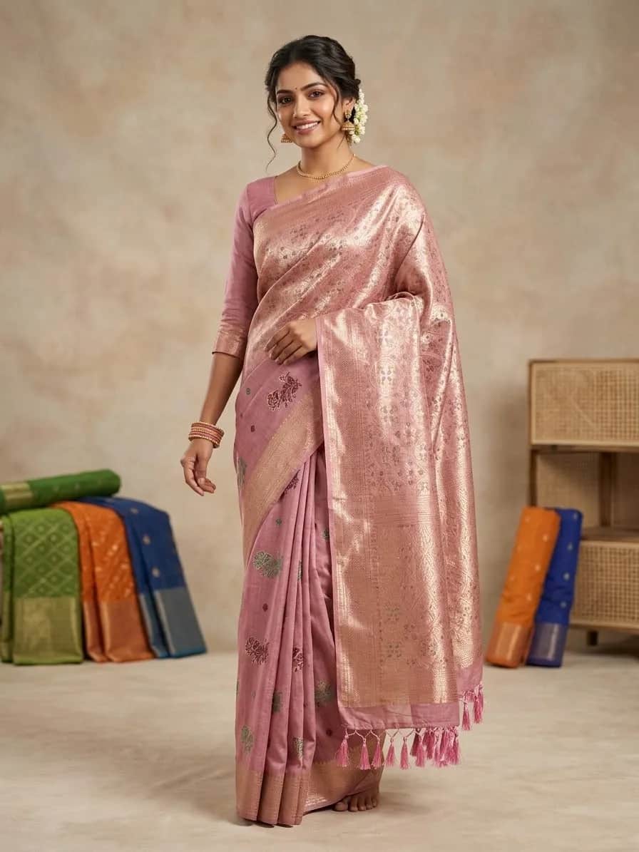 Elegant Dusty Pink Zari Woven Banarasi Silk Saree with Tassels