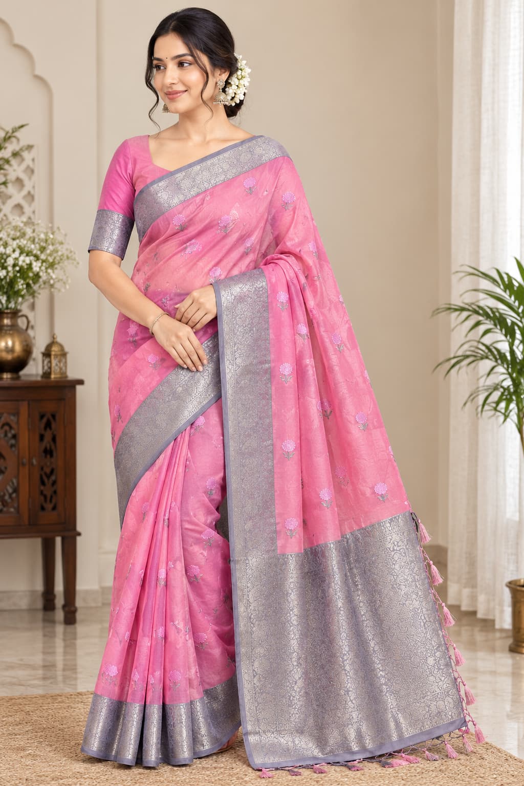 Gulabi Elegance - Rose Pink Floral Saree with Silver Zari Border