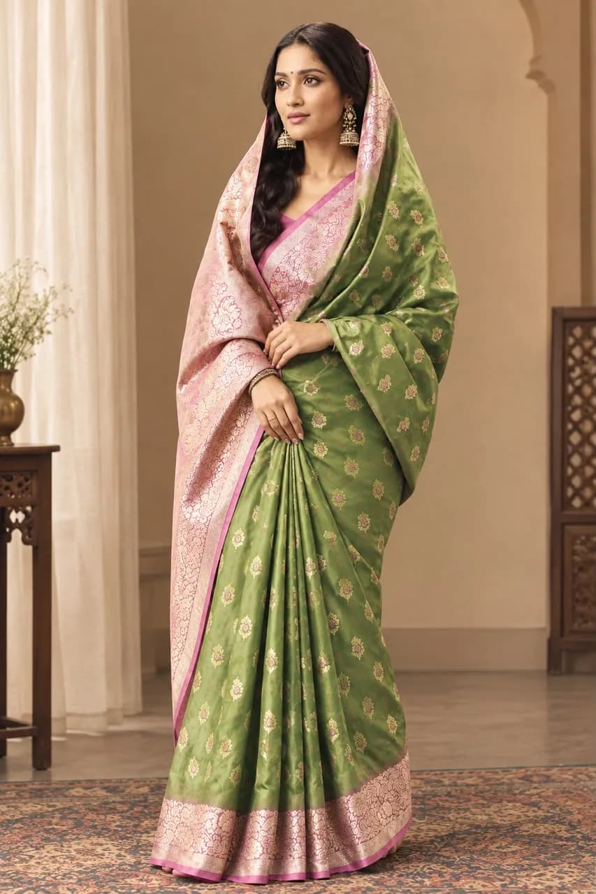 Royal Olive & Rose Gold Banarasi Silk Saree