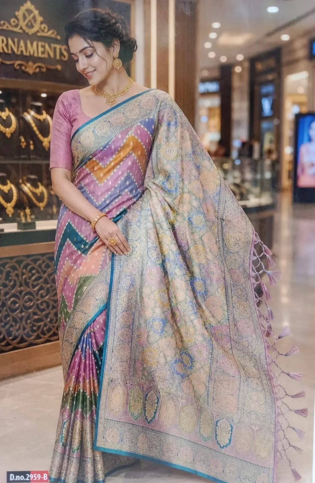Lavender and Teal Multi-Color Zig-Zag Zari Woven Banarasi Silk Saree with Tassels